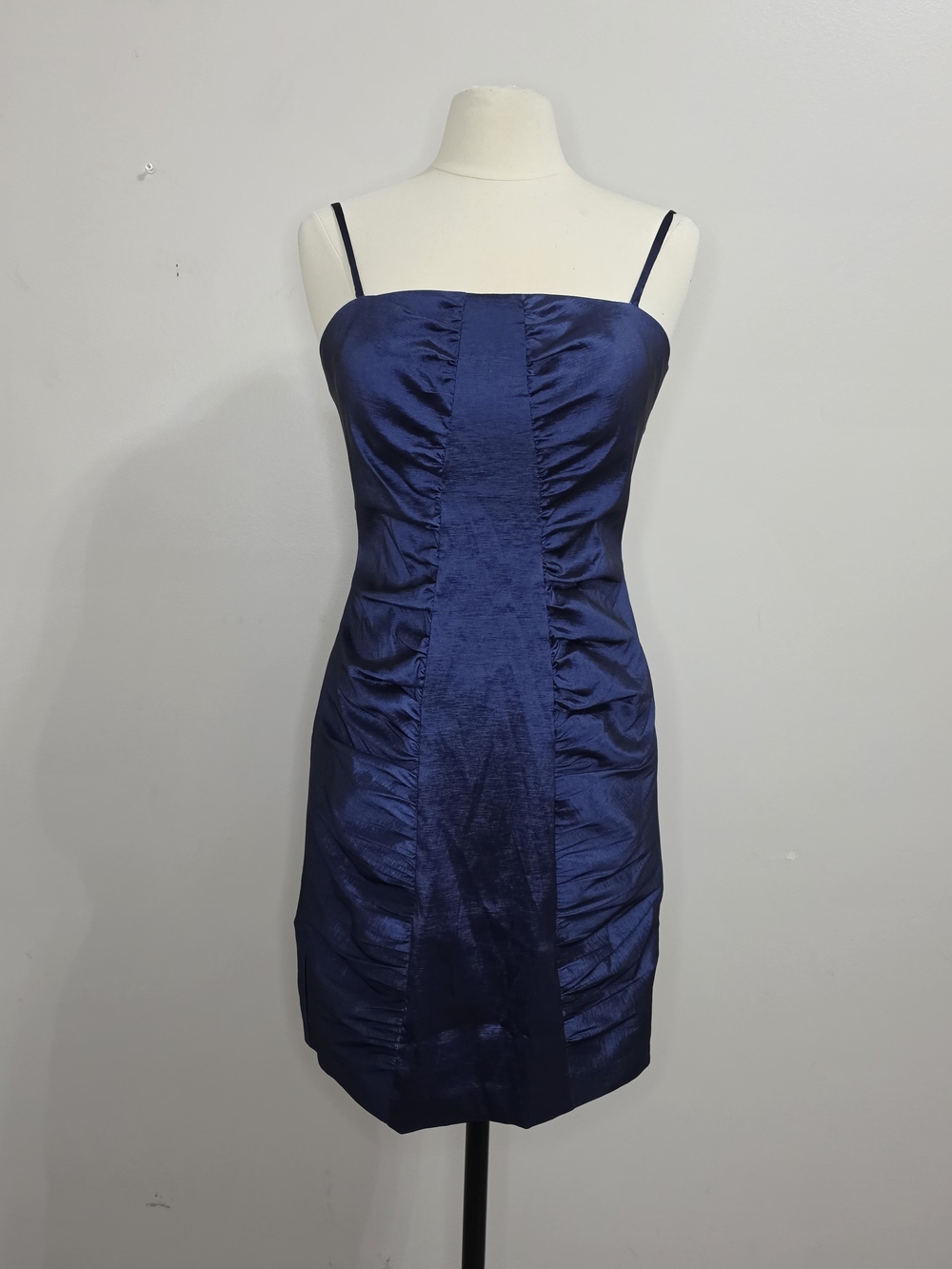 Calvin Klein Navy Satin Ruched Spaghetti Strap Mini Dress